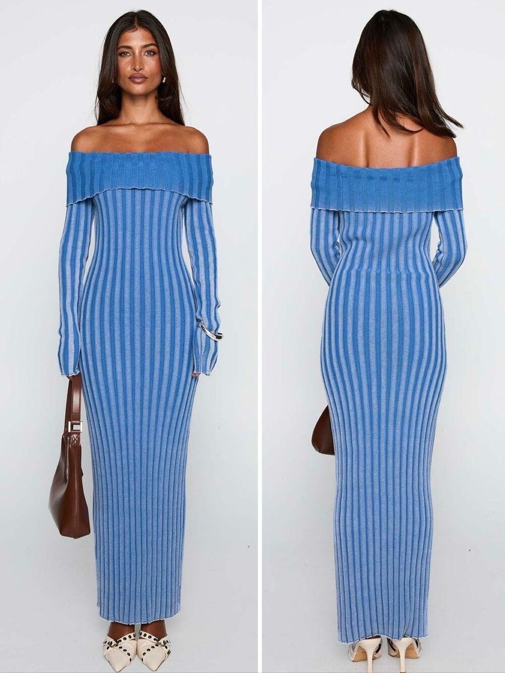 NWT Princess Polly Mariska Blue Rib Knit Off Shoulder Maxi Dress S/M